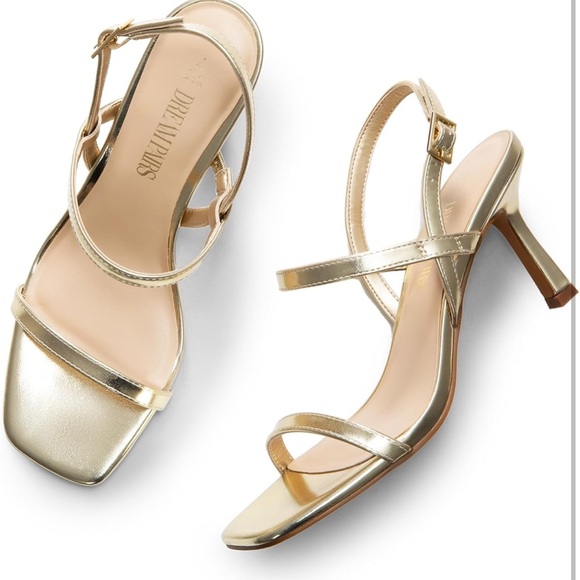 Womens Gold Slingback Heels Square Open Toe - Picture 5 of 5